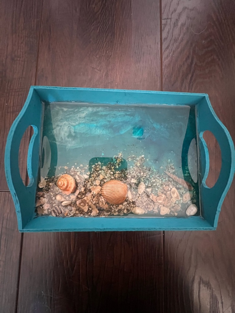 Teal Coastal Wooden Decorative Serving Tray with Shell Accent and Resin Ocean
